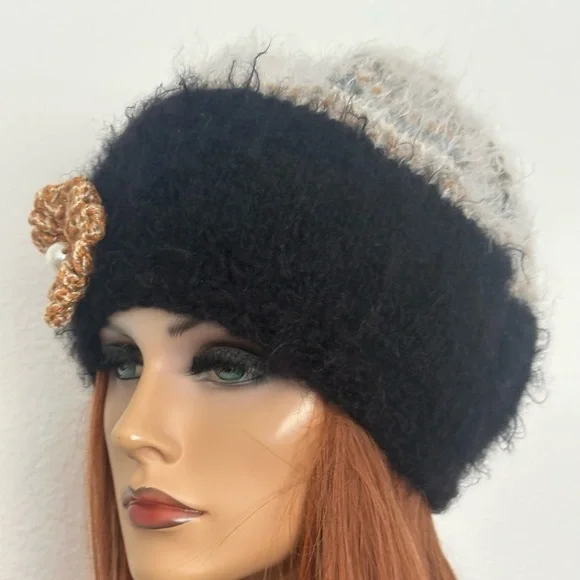Hand Knits 2 Love Winter Hat Beanie Mohair Look Flower Pearls Designer Fashion - Picture 10 of 11